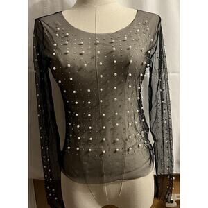 Women's Black Pearl & Rhinestone Long Sleeve Mesh Top NEW Size Small